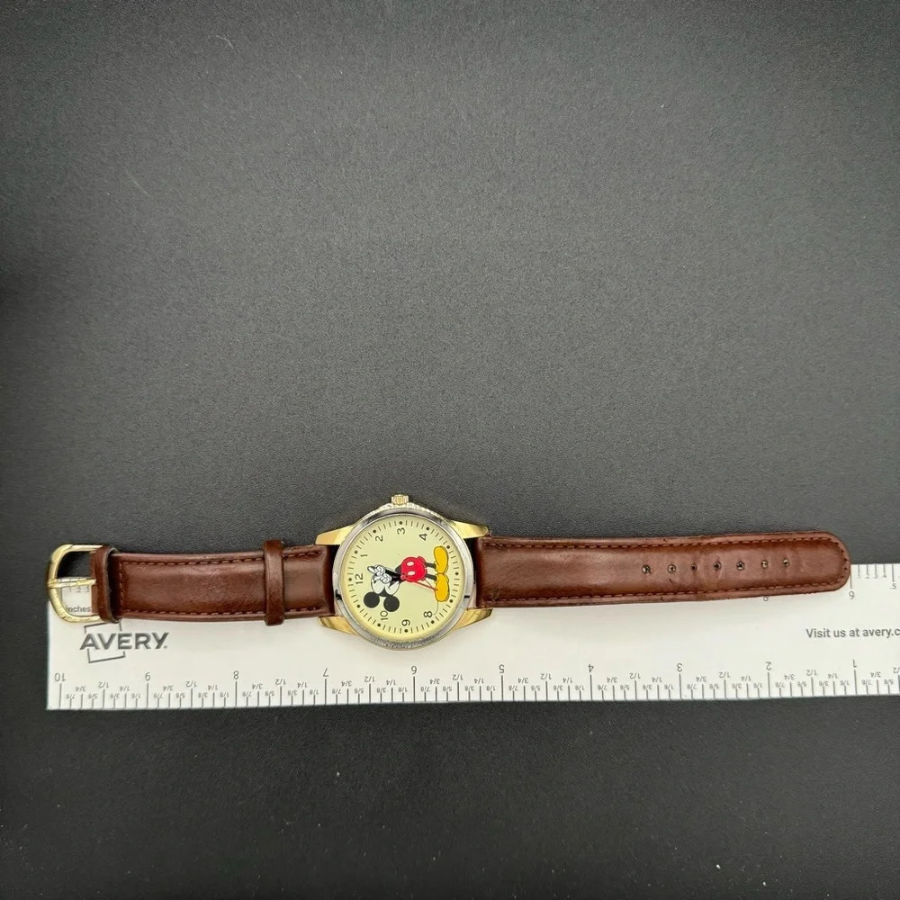 Vintage Mickey Mouse Disney Wide Face Analog Watch with Brown Leather Band - Picture 10 of 16